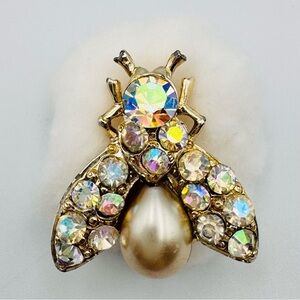 Bee Pin Brooch White Pearl Rhinestones Gold Tone Metal Base Super Sparkly